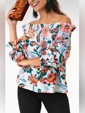 🌸Tuckernuck Marguerite Pink and Blue Floral Ruffle-Smock Off Shoulder Blouse L